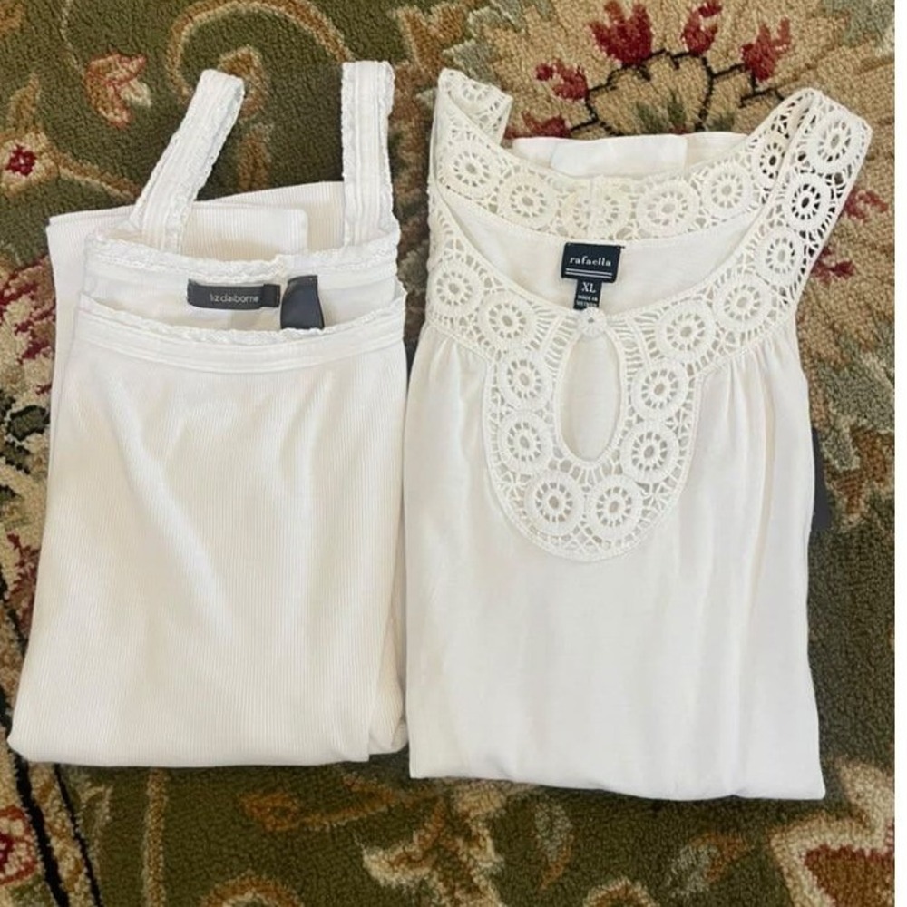 2pc Rafaella Liz Claiborne White Cotton Tank Top Lot XL Crochet Lace Ribbed Cami